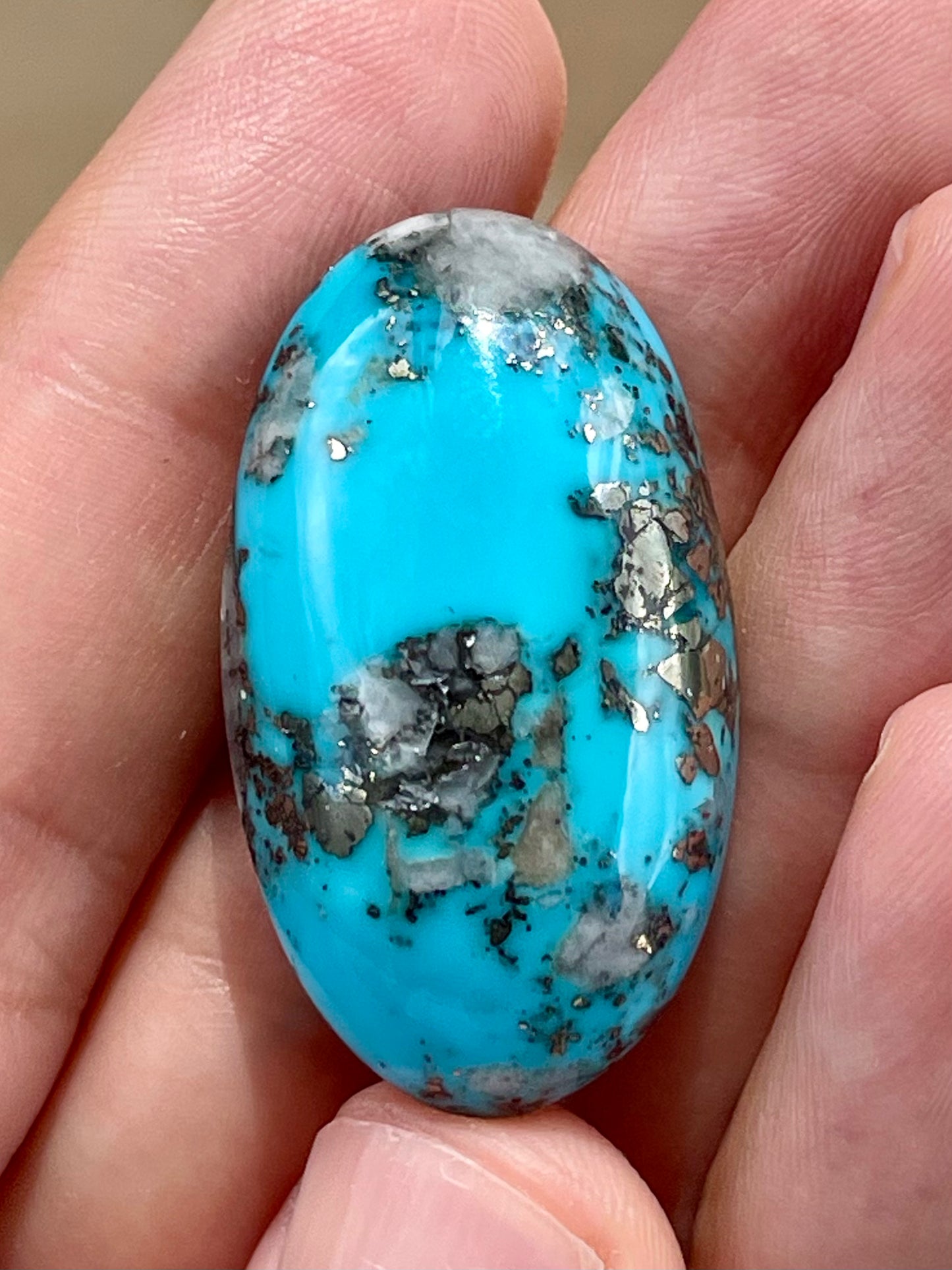 A Stunning Turquoise Cabochon Stones from Kerman Mine, Iran. With Golden Pyrite (#K29)