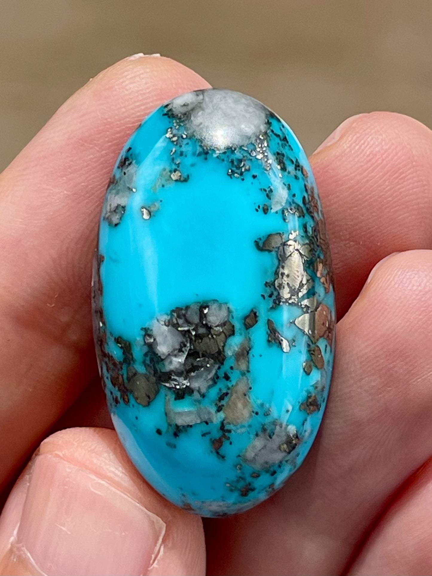 A Stunning Turquoise Cabochon Stones from Kerman Mine, Iran. With Golden Pyrite (#K29)