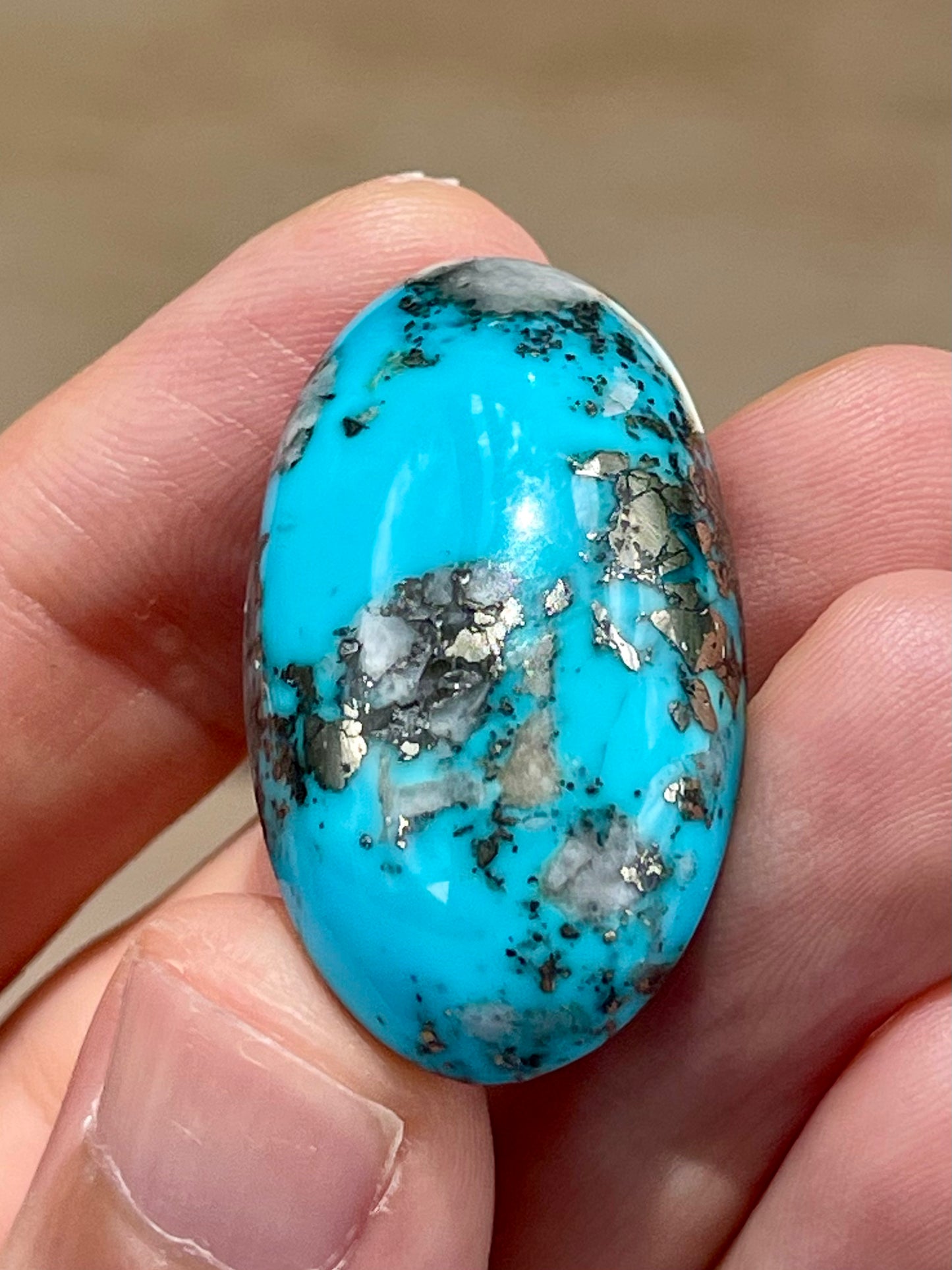 A Stunning Turquoise Cabochon Stones from Kerman Mine, Iran. With Golden Pyrite (#K29)