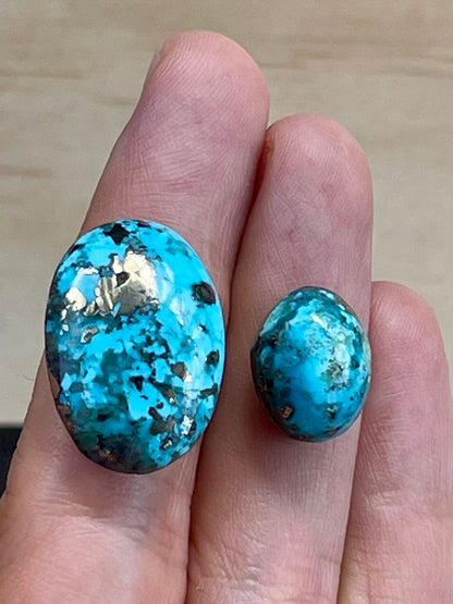 2 Gorgeous Turquoise Stones from Kerman Mine, Iran. Dark Blue With Golden Pyrite (#K31)