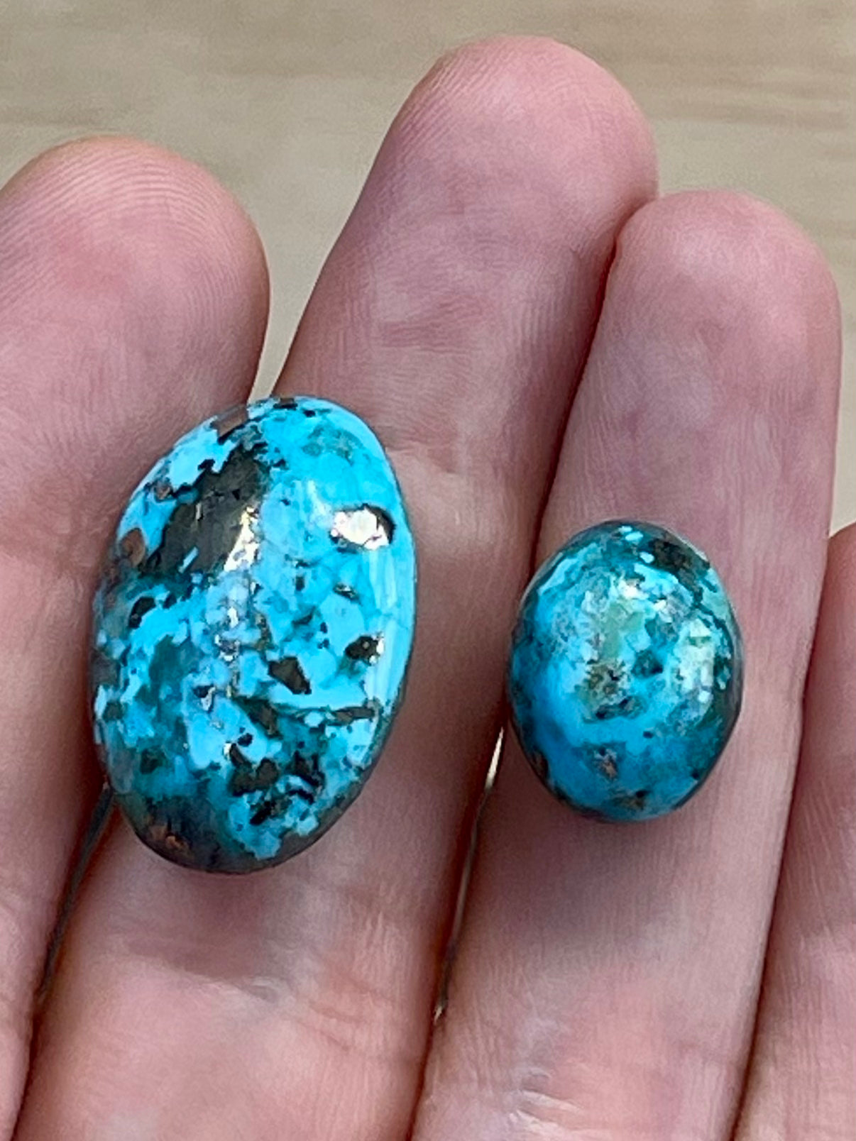 2 Gorgeous Turquoise Stones from Kerman Mine, Iran. Dark Blue With Golden Pyrite (#K31)