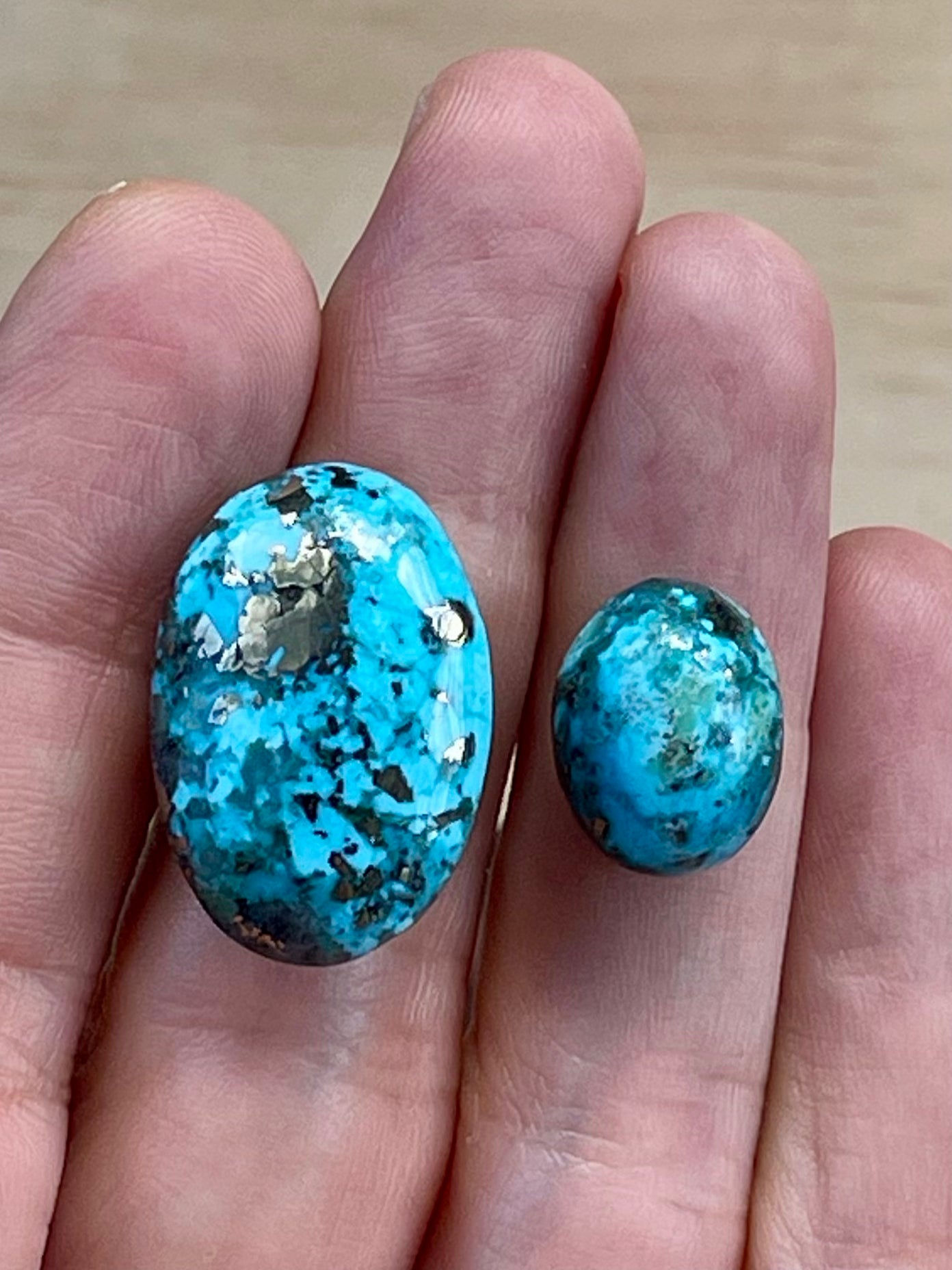 2 Gorgeous Turquoise Stones from Kerman Mine, Iran. Dark Blue With Golden Pyrite (#K31)