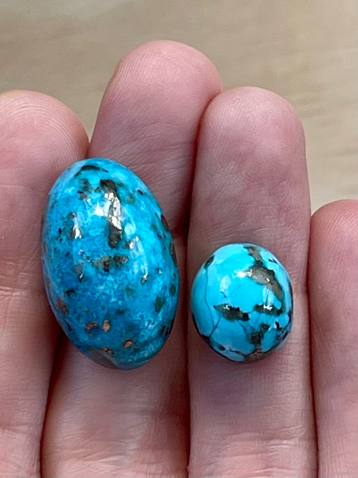 2 Gorgeous Turquoise Stones from Kerman Mine, Iran. Dark Blue With Golden Pyrite (#K30)