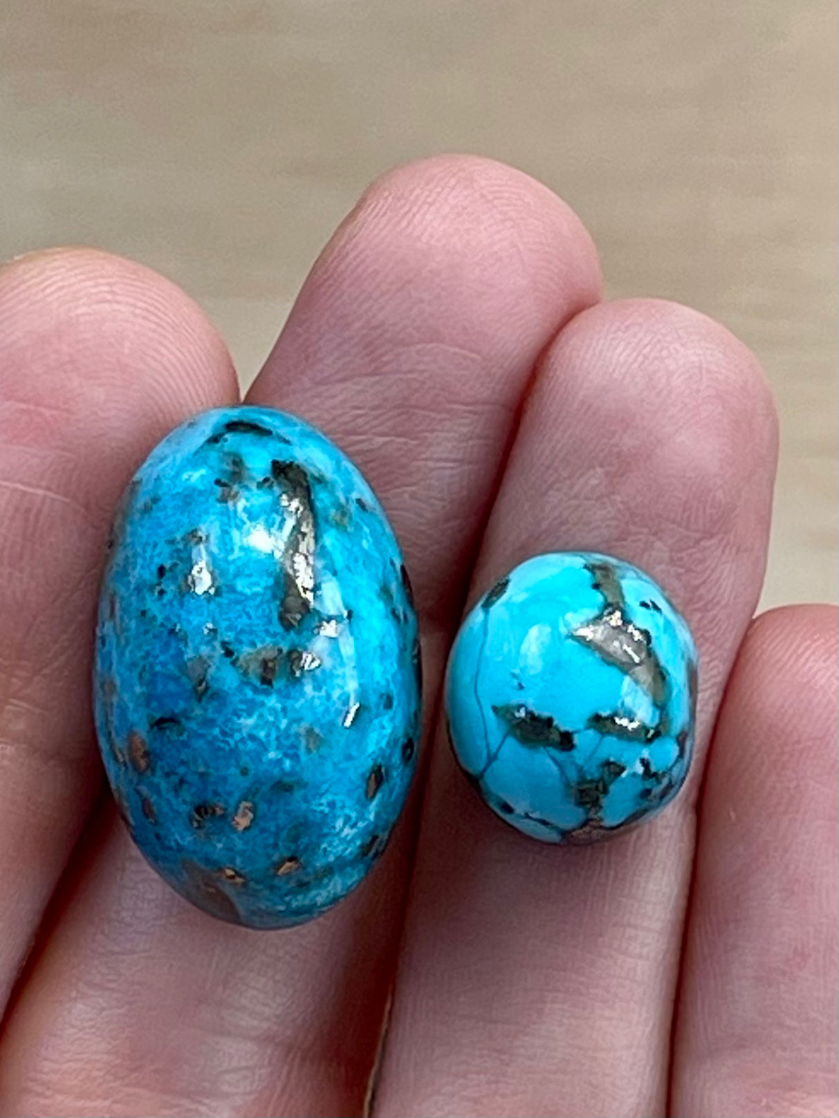 2 Gorgeous Turquoise Stones from Kerman Mine, Iran. Dark Blue With Golden Pyrite (#K30)