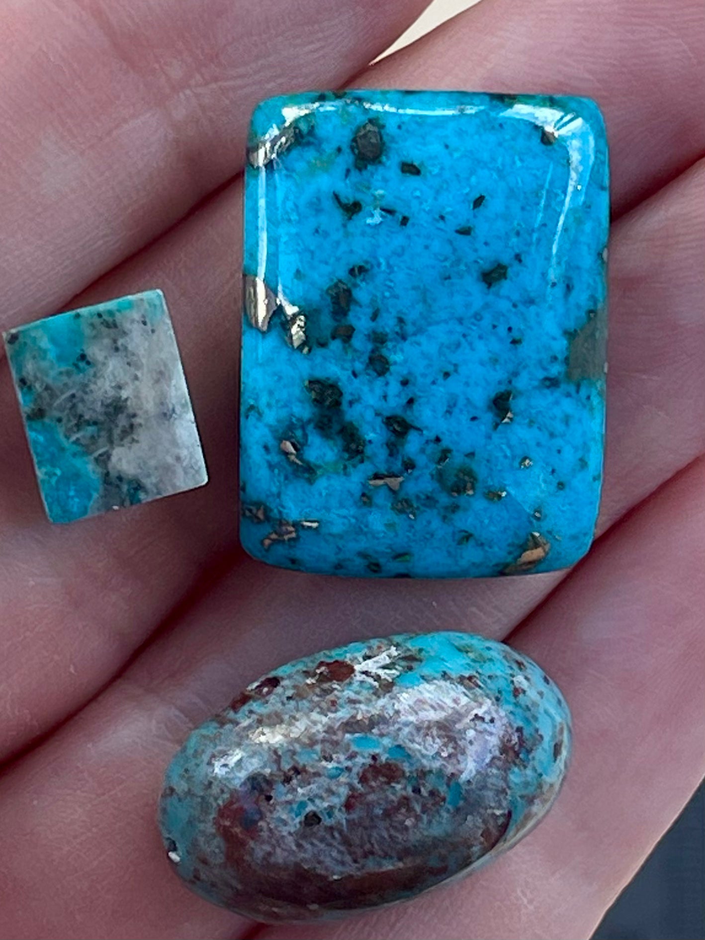 3 Lovely Turquoise Stones from Kerman Mine, Iran. Square shape and With Golden Pyrite (#K43)