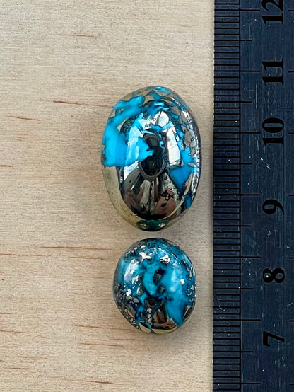 Two Stunning Turquoise Cabochon with Mirror Pyrite Crystals from Kerman Mine, Iran. (#K44)