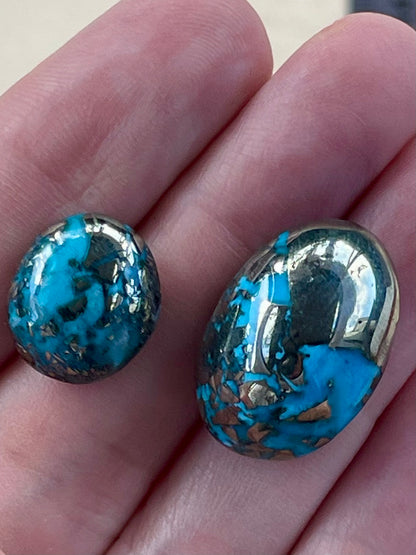 Two Stunning Turquoise Cabochon with Mirror Pyrite Crystals from Kerman Mine, Iran. (#K44)