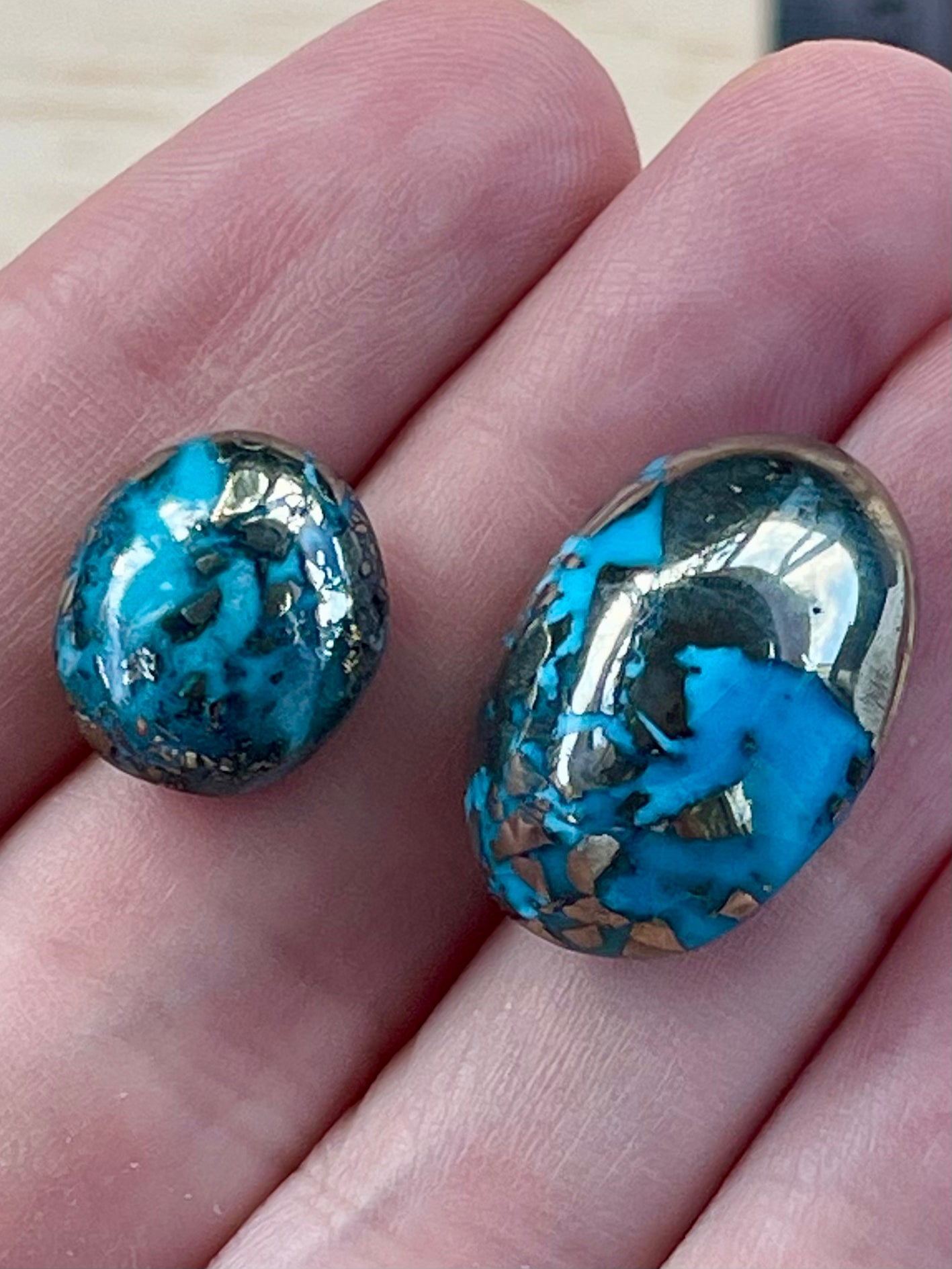 Two Stunning Turquoise Cabochon with Mirror Pyrite Crystals from Kerman Mine, Iran. (#K44)