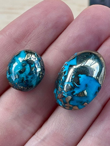 Two Stunning Turquoise Cabochon with Mirror Pyrite Crystals from Kerman Mine, Iran. (#K44)