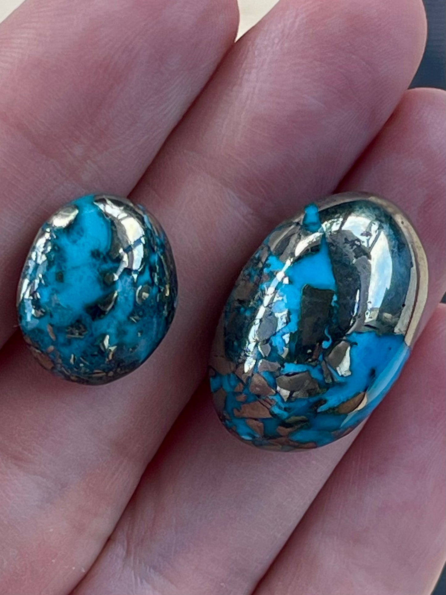 Two Stunning Turquoise Cabochon with Mirror Pyrite Crystals from Kerman Mine, Iran. (#K44)
