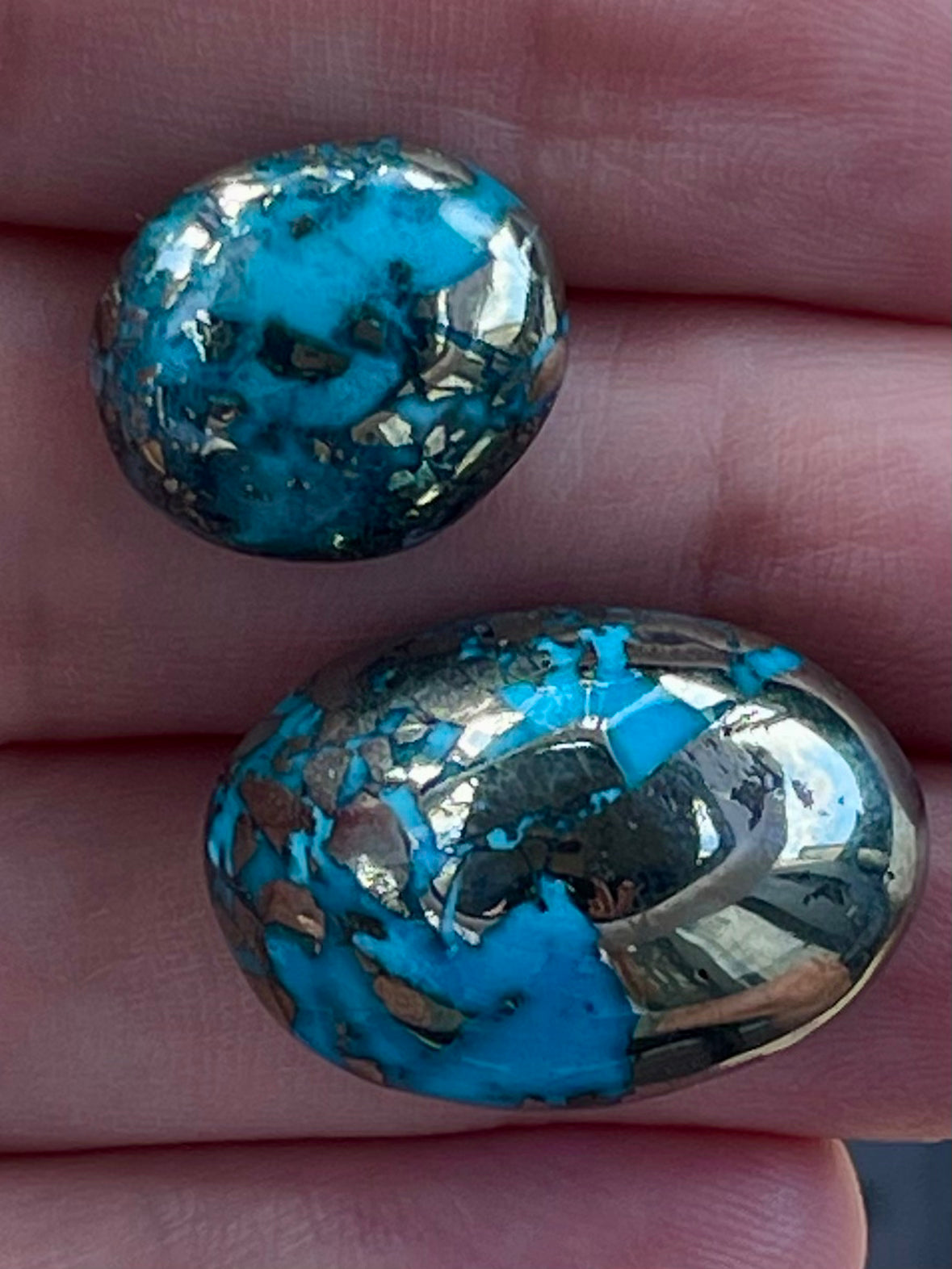 Two Stunning Turquoise Cabochon with Mirror Pyrite Crystals from Kerman Mine, Iran. (#K44)