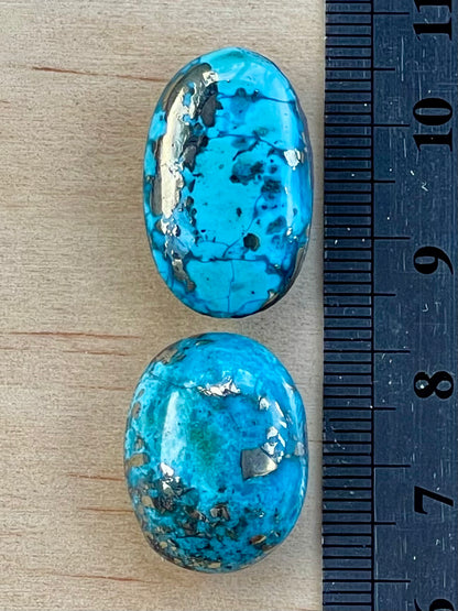 Two Beautiful Turquoise Cabochon with Mirror Pyrite Crystals from Kerman Mine, Iran. (#K46)