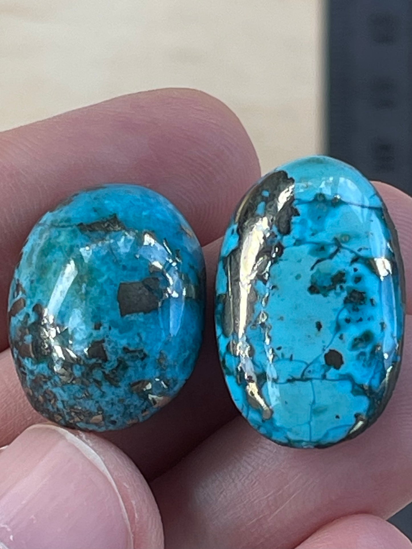 Two Beautiful Turquoise Cabochon with Mirror Pyrite Crystals from Kerman Mine, Iran. (#K46)