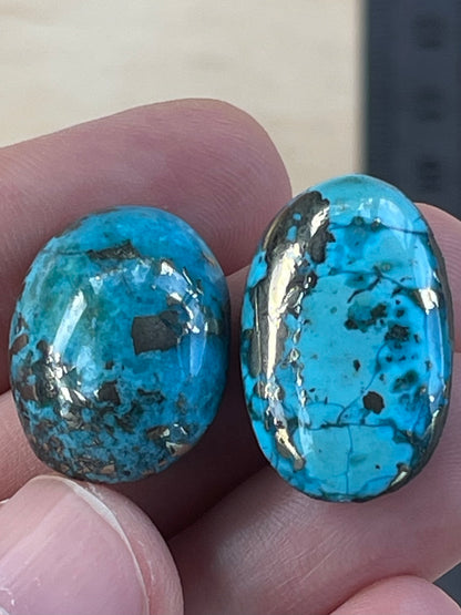 Two Beautiful Turquoise Cabochon with Mirror Pyrite Crystals from Kerman Mine, Iran. (#K46)