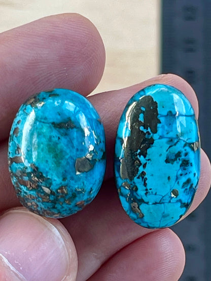 Two Beautiful Turquoise Cabochon with Mirror Pyrite Crystals from Kerman Mine, Iran. (#K46)
