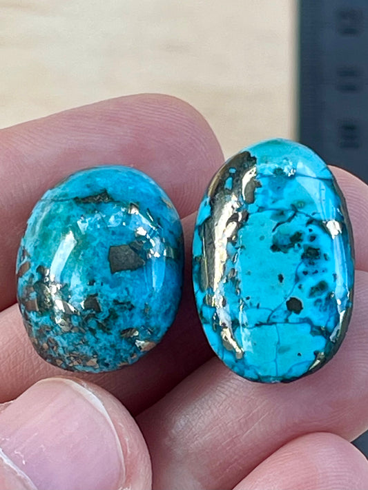 Two Beautiful Turquoise Cabochon with Mirror Pyrite Crystals from Kerman Mine, Iran. (#K46)