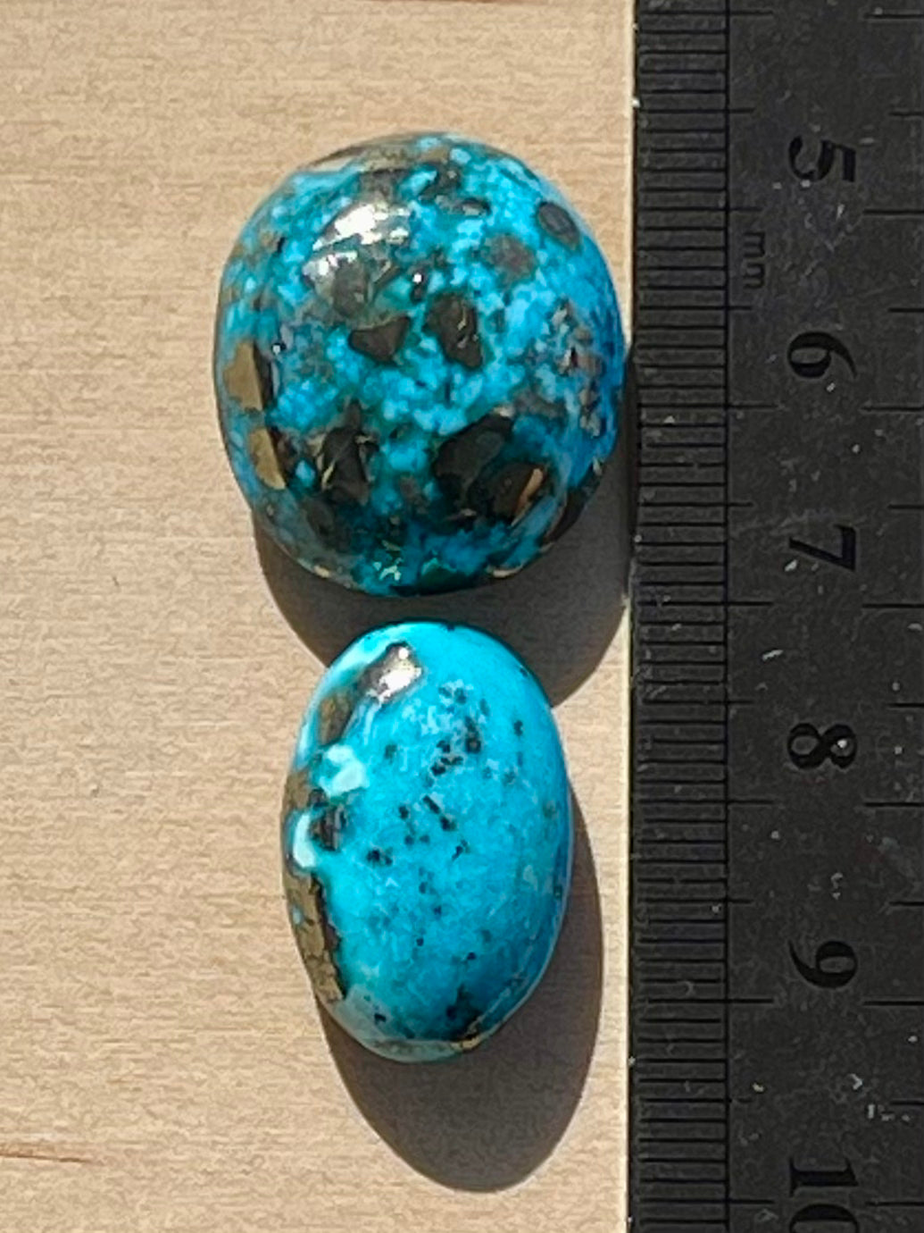 Two Gorgeous Turquoise Cabochons with Golden Pyrite Crystals from Kerman Mine, Iran. (#K32)