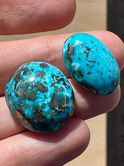 Two Gorgeous Turquoise Cabochons with Golden Pyrite Crystals from Kerman Mine, Iran. (#K32)