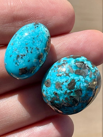 Two Gorgeous Turquoise Cabochons with Golden Pyrite Crystals from Kerman Mine, Iran. (#K32)