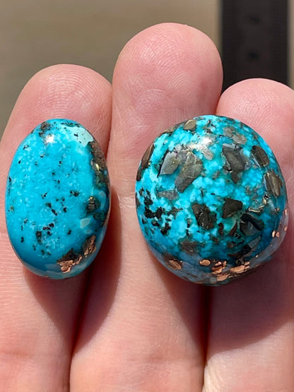 Two Gorgeous Turquoise Cabochons with Golden Pyrite Crystals from Kerman Mine, Iran. (#K32)