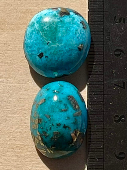 Two Lovely Turquoise Cabochons with Golden Pyrite Crystals from Kerman Mine, Iran. (#K33)