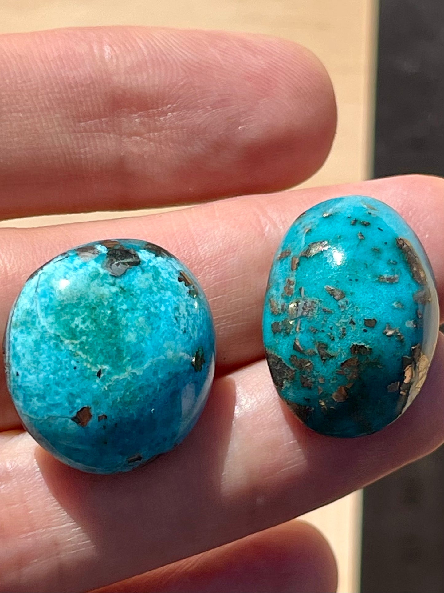 Two Lovely Turquoise Cabochons with Golden Pyrite Crystals from Kerman Mine, Iran. (#K33)