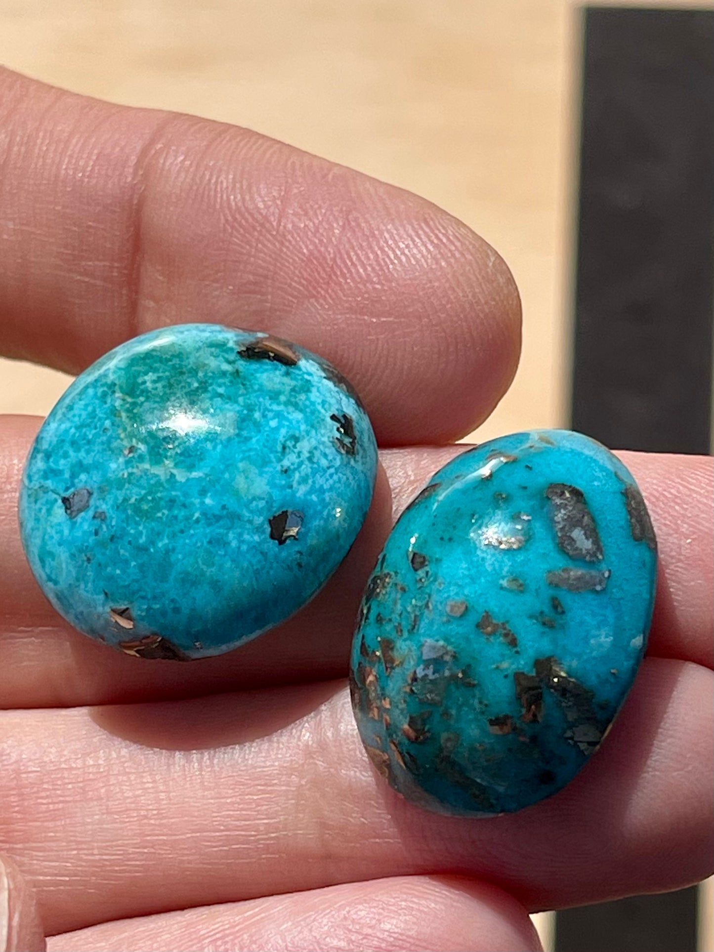 Two Lovely Turquoise Cabochons with Golden Pyrite Crystals from Kerman Mine, Iran. (#K33)