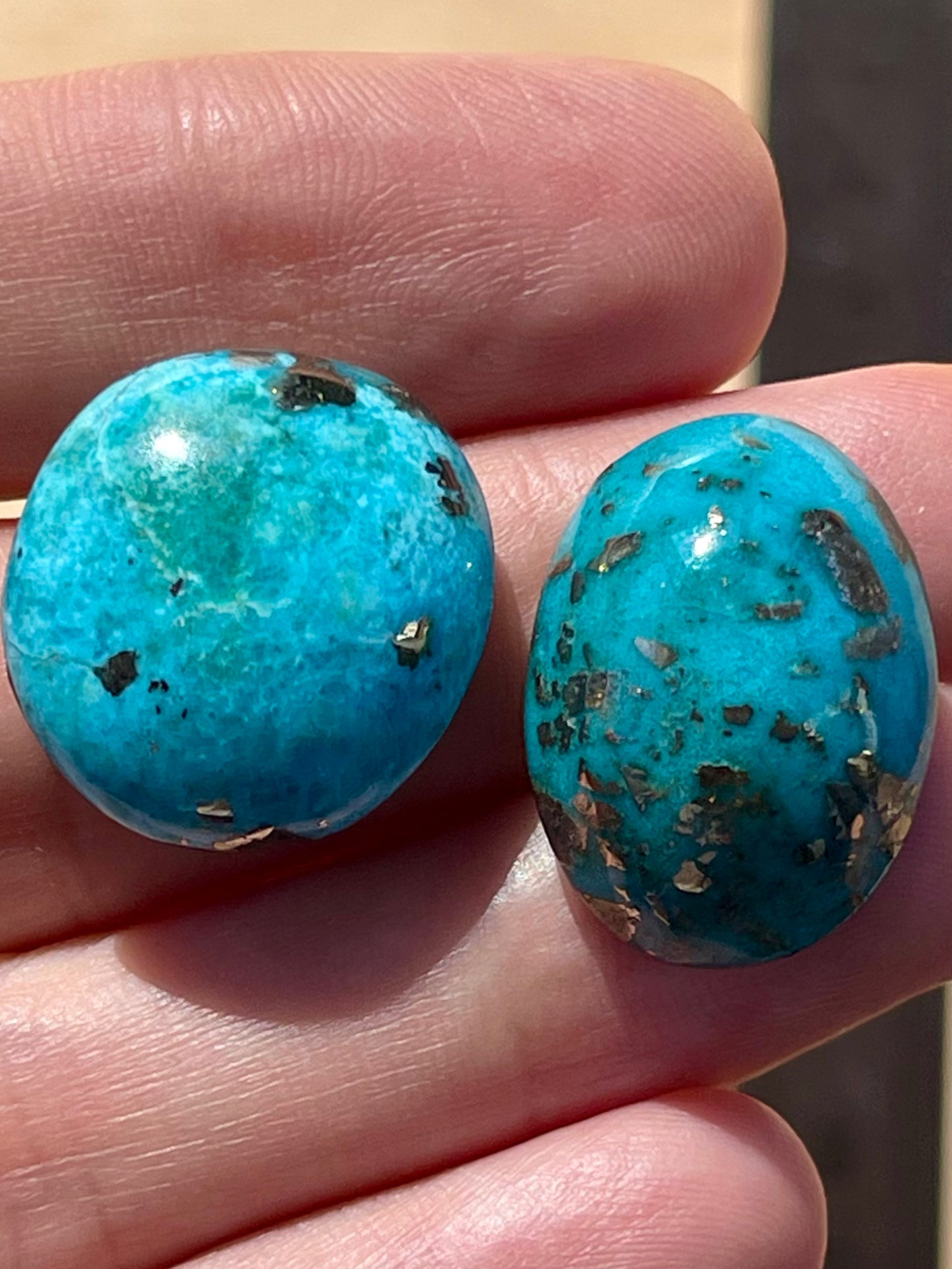 Two Lovely Turquoise Cabochons with Golden Pyrite Crystals from Kerman Mine, Iran. (#K33)