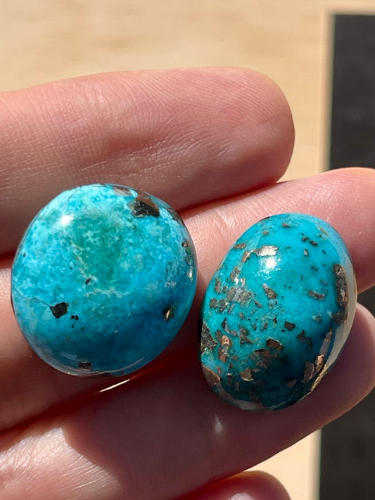 Two Lovely Turquoise Cabochons with Golden Pyrite Crystals from Kerman Mine, Iran. (#K33)