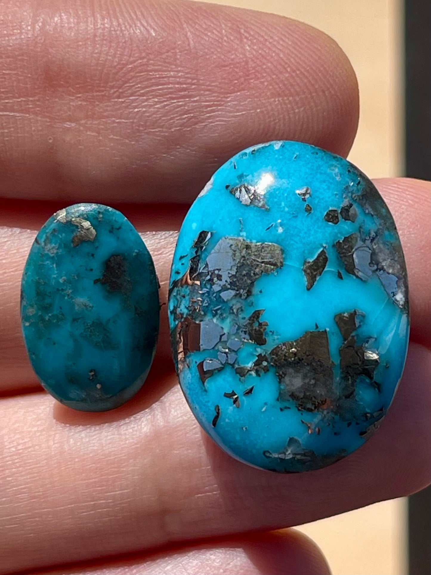 Two Absolutely Amazing Turquoise Stones with Golden Pyrite Crystals from Kerman Mine, Iran. (#K34)