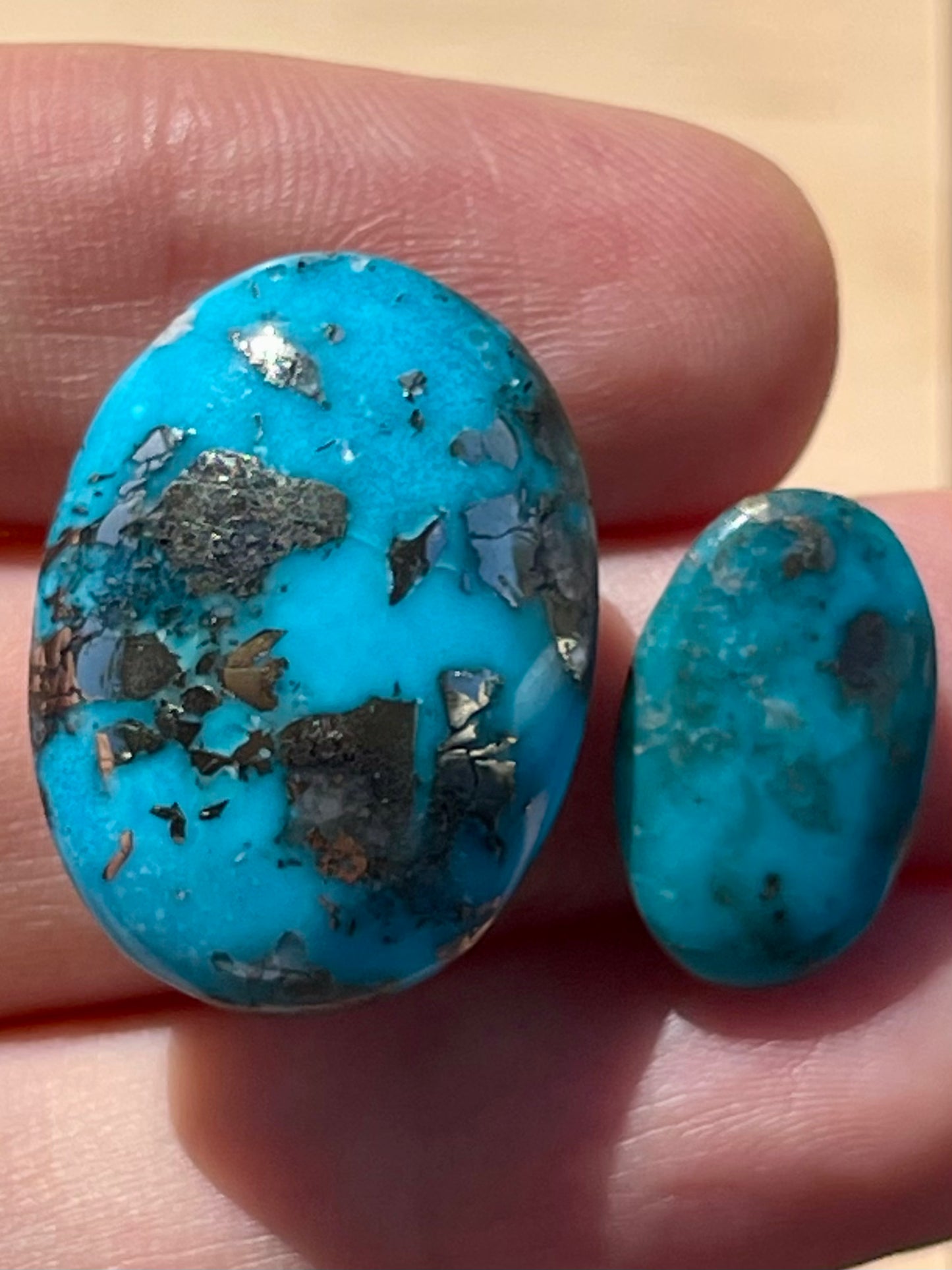 Two Absolutely Amazing Turquoise Stones with Golden Pyrite Crystals from Kerman Mine, Iran. (#K34)