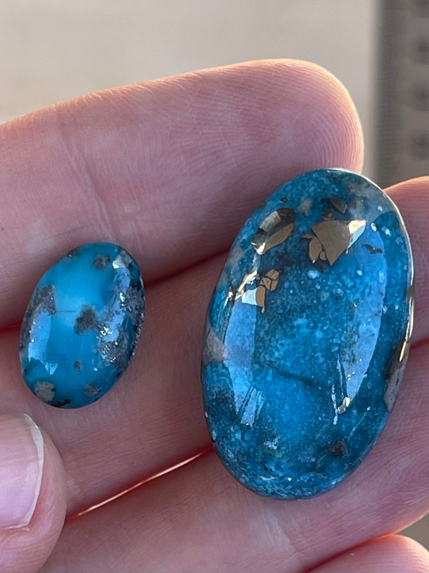 Two Absolutely Amazing Turquoise Stones with Golden Pyrite Crystals from Kerman Mine, Iran. (#K38)
