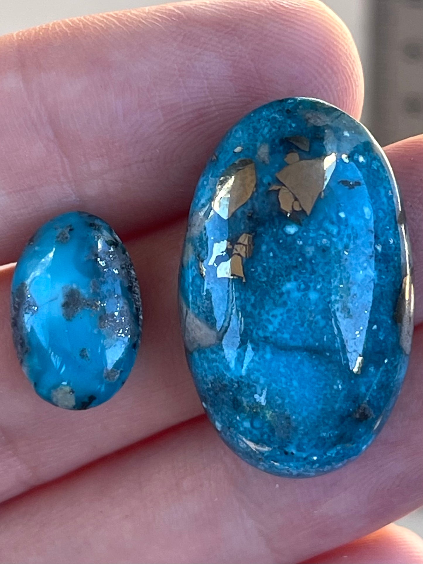 Two Absolutely Amazing Turquoise Stones with Golden Pyrite Crystals from Kerman Mine, Iran. (#K38)