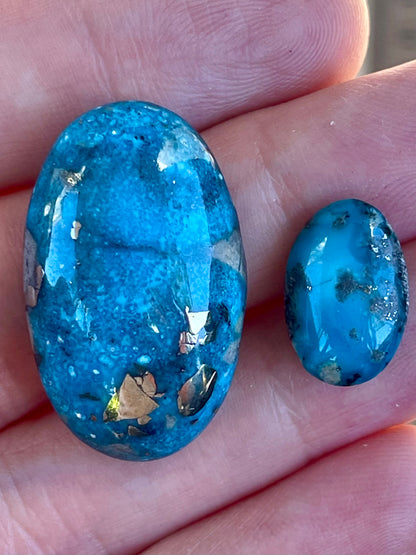 Two Absolutely Amazing Turquoise Stones with Golden Pyrite Crystals from Kerman Mine, Iran. (#K38)