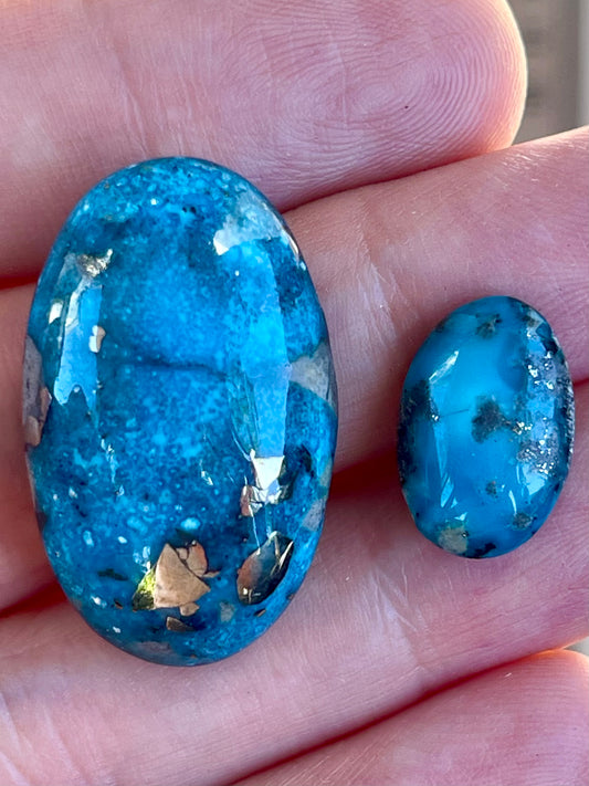 Two Absolutely Amazing Turquoise Stones with Golden Pyrite Crystals from Kerman Mine, Iran. (#K38)