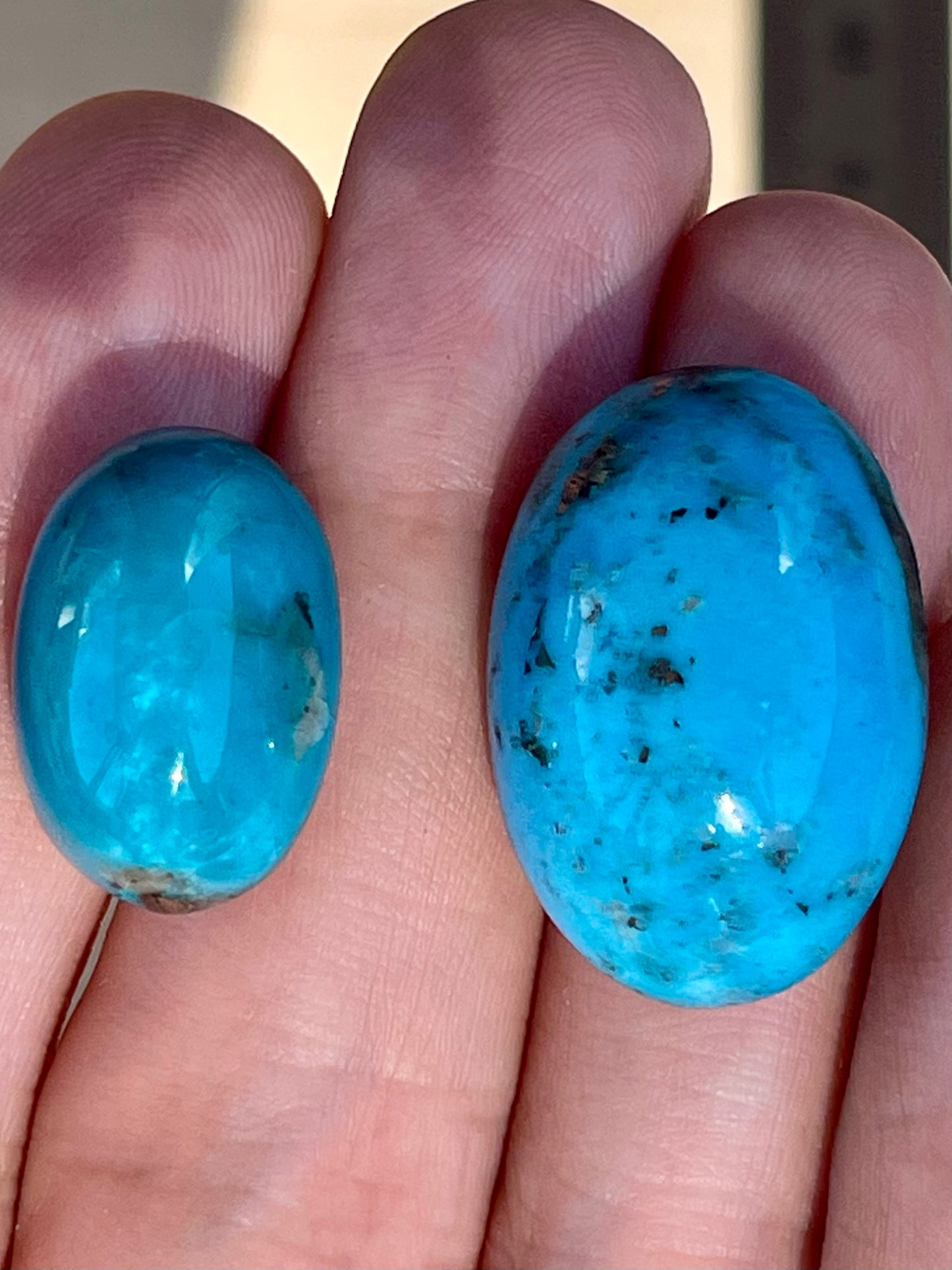 2 Stunning Turquoise Cabochons with Lovely Blue Colour from Kerman Mine, Iran. (#K39)