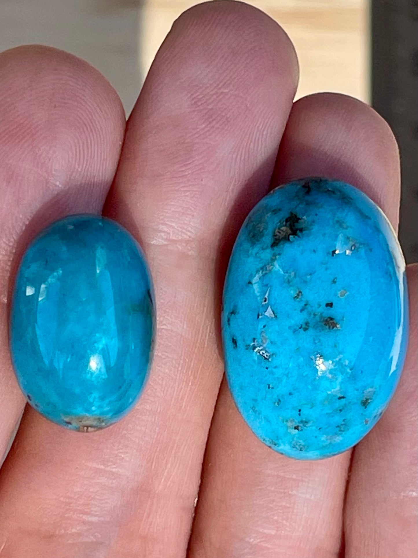 2 Stunning Turquoise Cabochons with Lovely Blue Colour from Kerman Mine, Iran. (#K39)