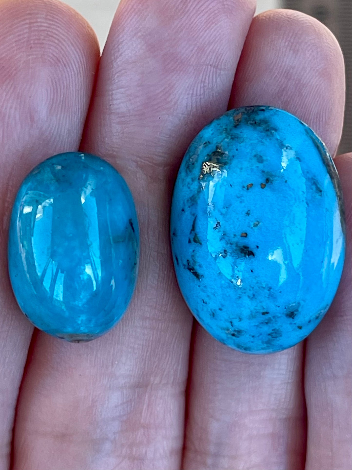 2 Stunning Turquoise Cabochons with Lovely Blue Colour from Kerman Mine, Iran. (#K39)