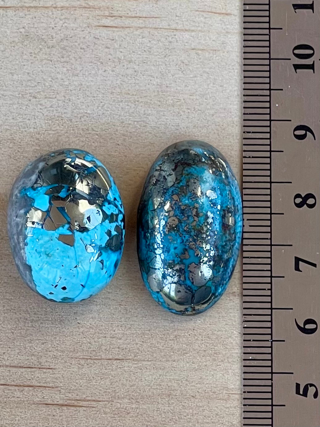 2 Beautiful & Large Turquoise Cabochons with Golden Pyrite Crystals from Kerman Mine, Iran. (#K40)