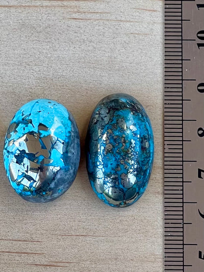 2 Beautiful & Large Turquoise Cabochons with Golden Pyrite Crystals from Kerman Mine, Iran. (#K40)