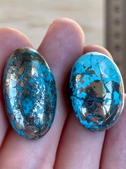 2 Beautiful & Large Turquoise Cabochons with Golden Pyrite Crystals from Kerman Mine, Iran. (#K40)