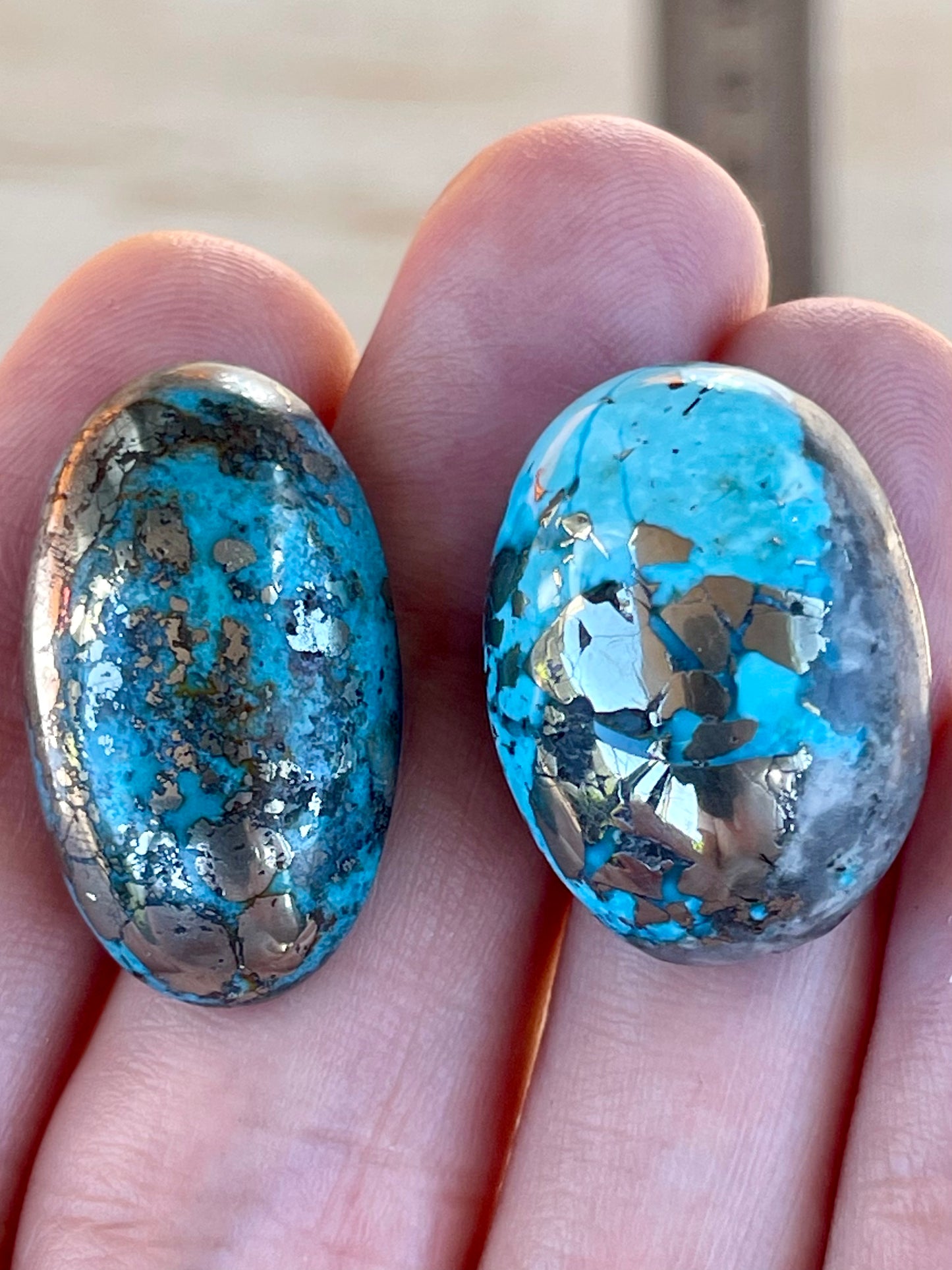 2 Beautiful & Large Turquoise Cabochons with Golden Pyrite Crystals from Kerman Mine, Iran. (#K40)