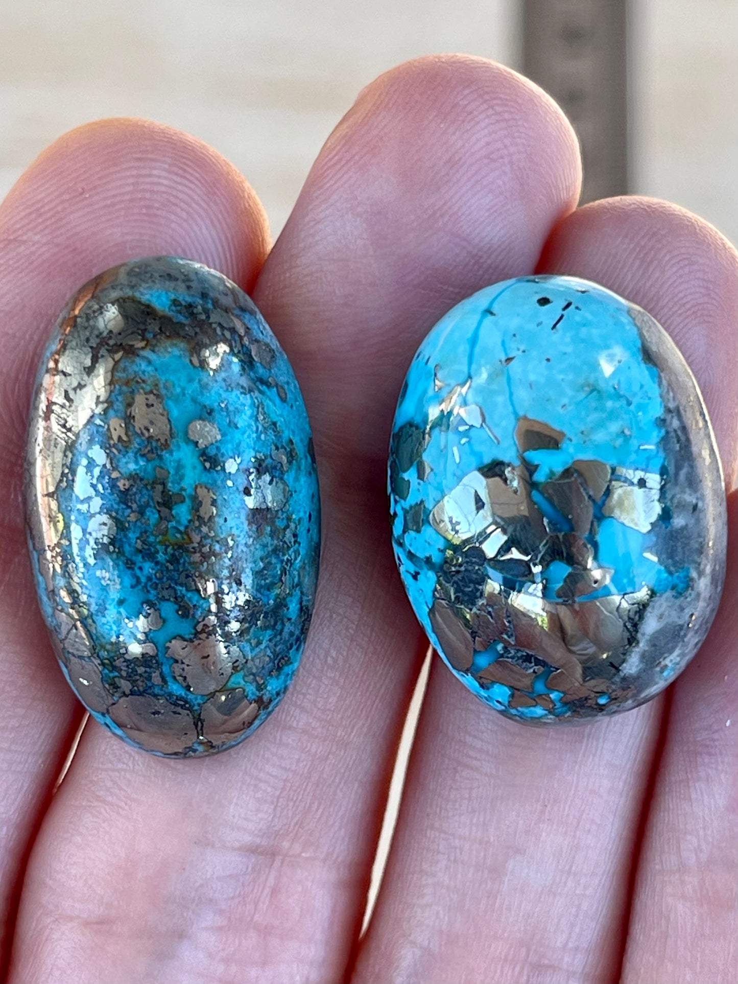 2 Beautiful & Large Turquoise Cabochons with Golden Pyrite Crystals from Kerman Mine, Iran. (#K40)
