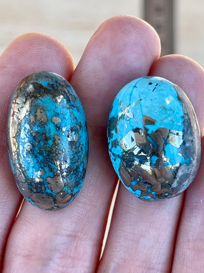 2 Beautiful & Large Turquoise Cabochons with Golden Pyrite Crystals from Kerman Mine, Iran. (#K40)