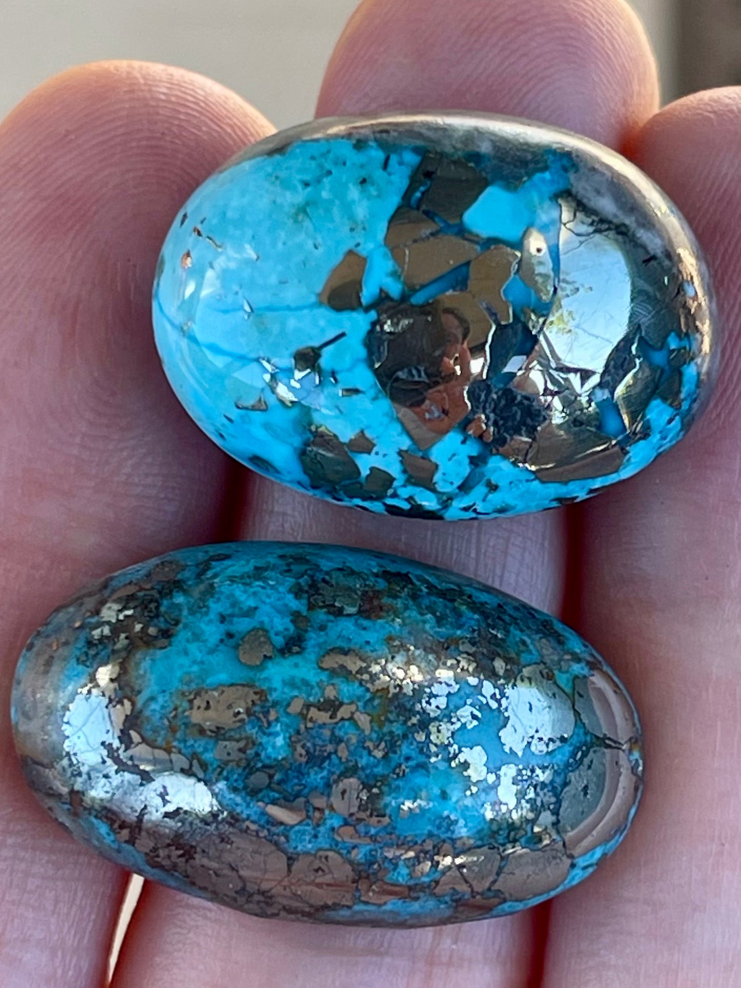 2 Beautiful & Large Turquoise Cabochons with Golden Pyrite Crystals from Kerman Mine, Iran. (#K40)