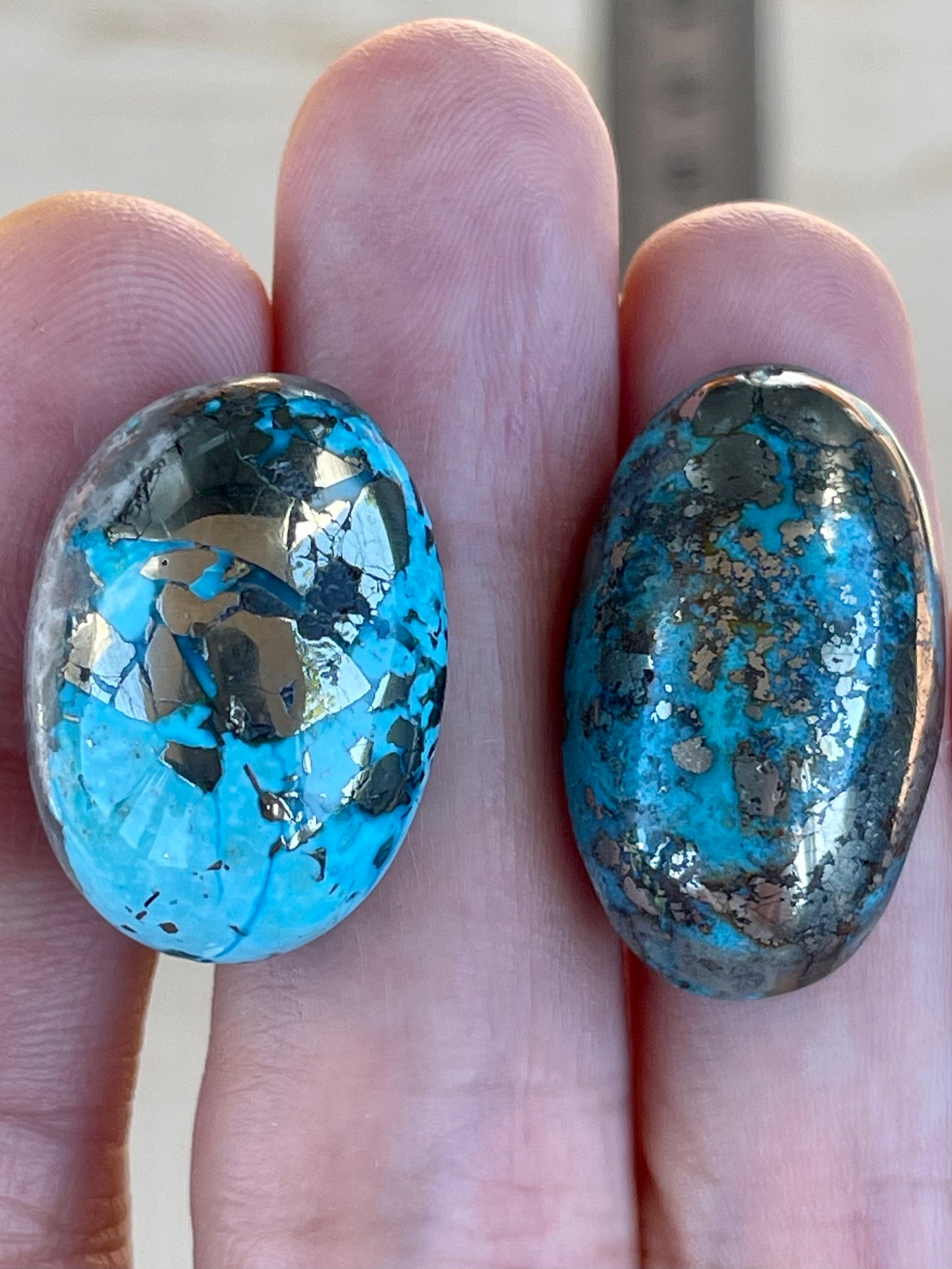 2 Beautiful & Large Turquoise Cabochons with Golden Pyrite Crystals from Kerman Mine, Iran. (#K40)