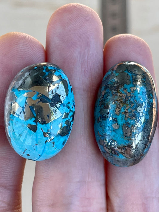 2 Beautiful & Large Turquoise Cabochons with Golden Pyrite Crystals from Kerman Mine, Iran. (#K40)