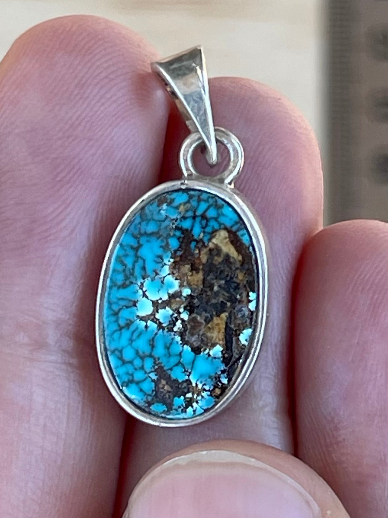 Rare Spiderweb Persian Turquoise Silver Pendant From Neishabour Mine, Iran. Natural, Not-stabilised #P7